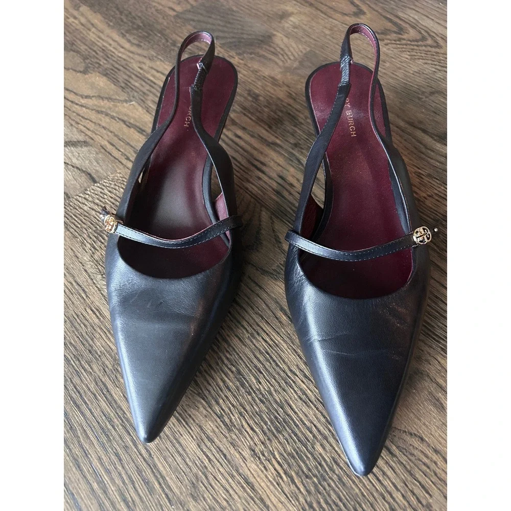 Tory Burch Black Leather Slingback Kitten Heel Pointed Toe Pump Logo 6.5M 8913